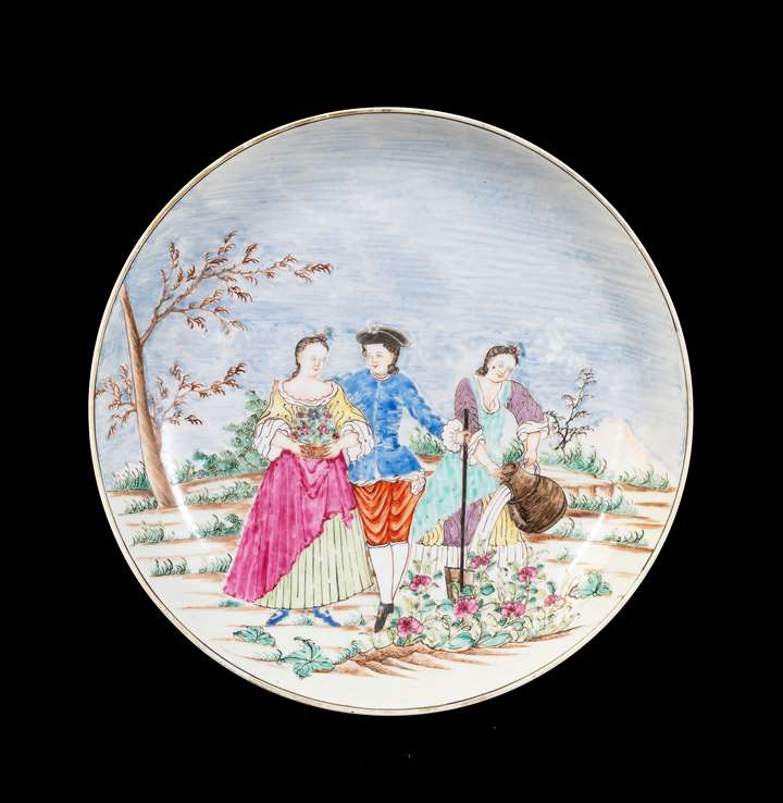 Chinese export porcelain famille rose saucer with European Subject